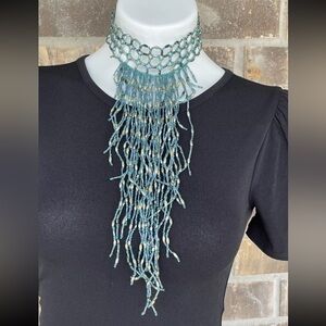 Blue/Green Beaded Fringe Choker Necklace